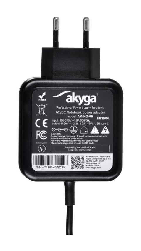 Akyga Zasilacz sieciowy Akyga AK-ND-60 do notebooka (20 V; 2,25 A, 2,31 A, 2,37 A, 2,64 A, 3,0 A; 45W; USB Typ C )