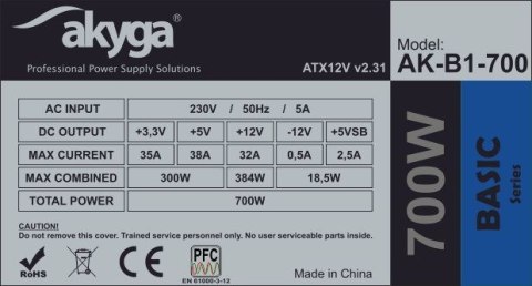 Akyga Zasilacz Akyga AK-B1-700 (700 W; Pasywne; 120 mm) (WYPRZEDAŻ) Akyga Zasilacz Akyga AK-B1-700 (700 W; Pasywne; 120 mm) (WYPRZEDAŻ)
