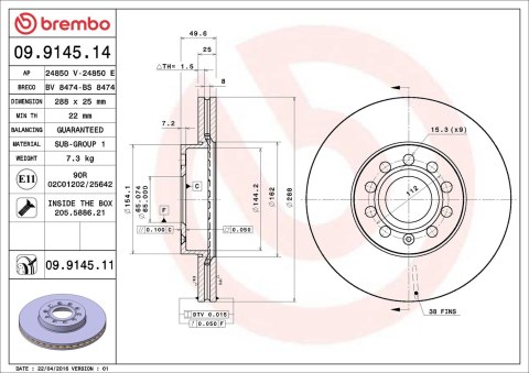 Brembo Tarcza hamulcowa BREMBO 09.9145.11 (z przodu) Brembo Tarcza hamulcowa BREMBO 09.9145.11 (z przodu)