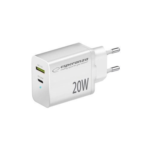 Esperanza ESPERANZA ŁADOWARKA SIECIOWA 20W USB-C PD 20W / USB-A QC 3.0 18W BIAŁA EZC105W Esperanza ESPERANZA ŁADOWARKA SIECIOWA 20W USB-C PD 20W / USB-A QC 3.0 18W BIAŁA EZC105W