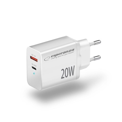 Esperanza ESPERANZA ŁADOWARKA SIECIOWA 20W USB-C PD 20W / USB-A QC 3.0 18W BIAŁA EZC105W Esperanza ESPERANZA ŁADOWARKA SIECIOWA 20W USB-C PD 20W / USB-A QC 3.0 18W BIAŁA EZC105W