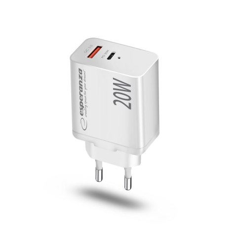 Esperanza ESPERANZA ŁADOWARKA SIECIOWA 20W USB-C PD 20W / USB-A QC 3.0 18W BIAŁA EZC105W Esperanza ESPERANZA ŁADOWARKA SIECIOWA 20W USB-C PD 20W / USB-A QC 3.0 18W BIAŁA EZC105W