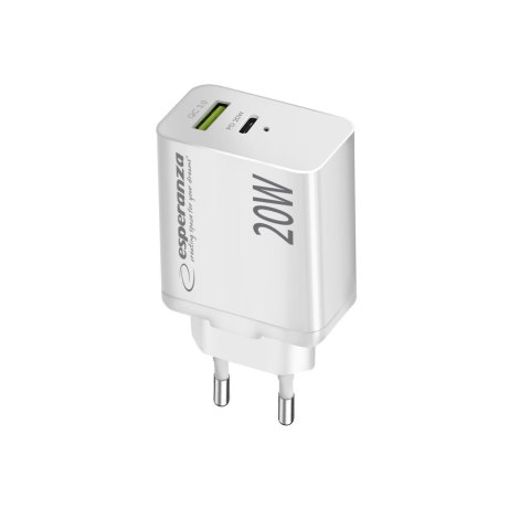 Esperanza ESPERANZA ŁADOWARKA SIECIOWA 20W USB-C PD 20W / USB-A QC 3.0 18W BIAŁA EZC105W Esperanza ESPERANZA ŁADOWARKA SIECIOWA 20W USB-C PD 20W / USB-A QC 3.0 18W BIAŁA EZC105W