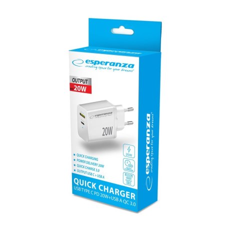 Esperanza ESPERANZA ŁADOWARKA SIECIOWA 20W USB-C PD 20W / USB-A QC 3.0 18W BIAŁA EZC105W Esperanza ESPERANZA ŁADOWARKA SIECIOWA 20W USB-C PD 20W / USB-A QC 3.0 18W BIAŁA EZC105W