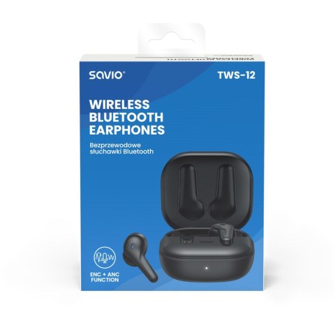 SAVIO SAVIO SŁUCHAWKI BEZPRZEWODOWE BLUETOOTH 5.3 Z MIKROFONEM, ANC, ENC, QC TWS-12 SAVIO SAVIO SŁUCHAWKI BEZPRZEWODOWE BLUETOOTH 5.3 Z MIKROFONEM, ANC, ENC, QC TWS-12