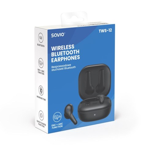 SAVIO SAVIO SŁUCHAWKI BEZPRZEWODOWE BLUETOOTH 5.3 Z MIKROFONEM, ANC, ENC, QC TWS-12 SAVIO SAVIO SŁUCHAWKI BEZPRZEWODOWE BLUETOOTH 5.3 Z MIKROFONEM, ANC, ENC, QC TWS-12