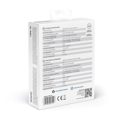 SAVIO SAVIO SŁUCHAWKI BEZPRZEWODOWE BLUETOOTH 5.3 Z MIKROFONEM, ANC, ENC, QC TWS-12 SAVIO SAVIO SŁUCHAWKI BEZPRZEWODOWE BLUETOOTH 5.3 Z MIKROFONEM, ANC, ENC, QC TWS-12