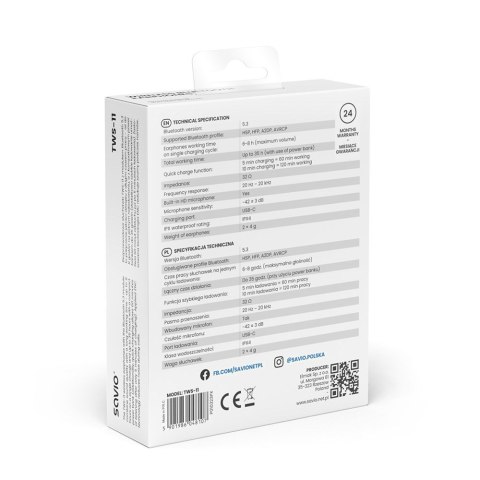 SAVIO SAVIO SŁUCHAWKI BEZPRZEWODOWE BLUETOOTH 5.3 Z MIKROFONEM, ENC, QC TWS-11 SAVIO SAVIO SŁUCHAWKI BEZPRZEWODOWE BLUETOOTH 5.3 Z MIKROFONEM, ENC, QC TWS-11
