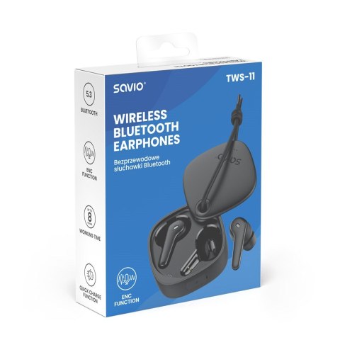 SAVIO SAVIO SŁUCHAWKI BEZPRZEWODOWE BLUETOOTH 5.3 Z MIKROFONEM, ENC, QC TWS-11 SAVIO SAVIO SŁUCHAWKI BEZPRZEWODOWE BLUETOOTH 5.3 Z MIKROFONEM, ENC, QC TWS-11