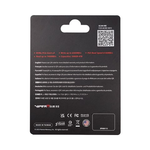Patriot Memory SSD Patriot Viper VP4300L M.2 PCI-Ex4 NVMe 4TB Patriot Memory SSD Patriot Viper VP4300L M.2 PCI-Ex4 NVMe 4TB