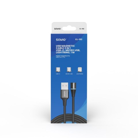 SAVIO SAVIO KABEL MAGNETYCZNY USB - USB TYP C, MICRO I LIGHTNING, 1M, CZARNY CL-152 SAVIO SAVIO KABEL MAGNETYCZNY USB - USB TYP C, MICRO I LIGHTNING, 1M, CZARNY CL-152