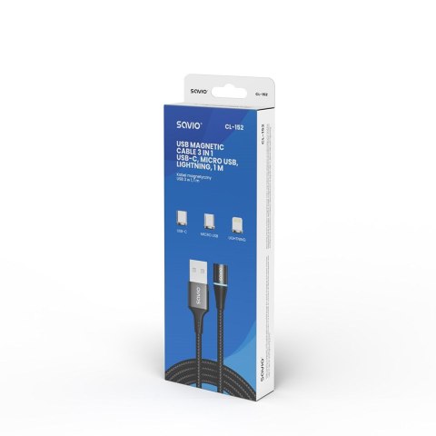 SAVIO SAVIO KABEL MAGNETYCZNY USB - USB TYP C, MICRO I LIGHTNING, 1M, CZARNY CL-152 SAVIO SAVIO KABEL MAGNETYCZNY USB - USB TYP C, MICRO I LIGHTNING, 1M, CZARNY CL-152