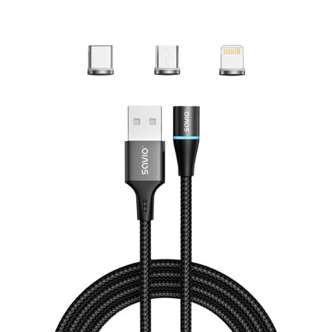 SAVIO SAVIO KABEL MAGNETYCZNY USB - USB TYP C, MICRO I LIGHTNING, 1M, CZARNY CL-152 SAVIO SAVIO KABEL MAGNETYCZNY USB - USB TYP C, MICRO I LIGHTNING, 1M, CZARNY CL-152