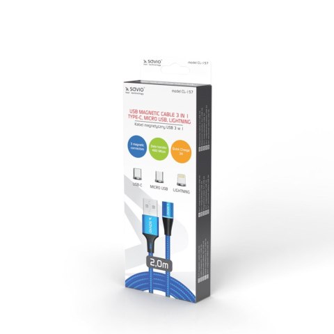 SAVIO SAVIO KABEL MAGNETYCZNY USB - USB TYP C, MICRO I LIGHTNING, 2M, NIEBIESKI CL-157 SAVIO SAVIO KABEL MAGNETYCZNY USB - USB TYP C, MICRO I LIGHTNING, 2M, NIEBIESKI CL-157