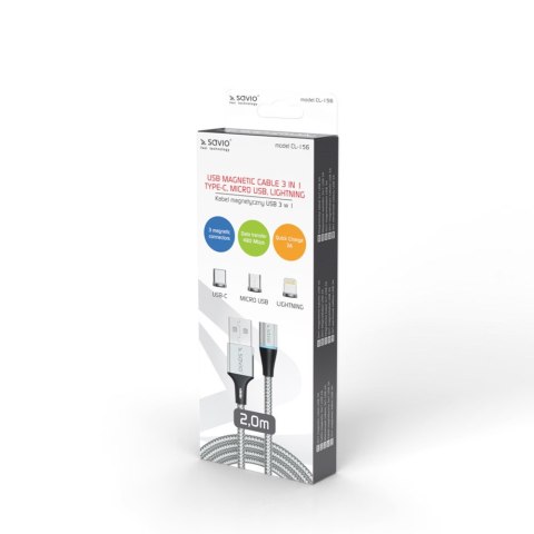 SAVIO SAVIO KABEL MAGNETYCZNY USB - USB TYP C, MICRO I LIGHTNING, 2M, SREBRNY CL-156 SAVIO SAVIO KABEL MAGNETYCZNY USB - USB TYP C, MICRO I LIGHTNING, 2M, SREBRNY CL-156