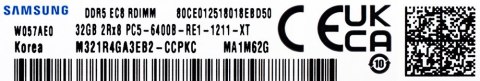 Samsung SemiConductor Samsung RDIMM DDR5 32GB 2Rx8 6400MHz PC5-51200 ECC REGISTERED M321R4GA3EB2-CCP Samsung SemiConductor Samsung RDIMM DDR5 32GB 2Rx8 6400MHz PC5-51200 ECC REGISTERED M321R4GA3EB2-CCP