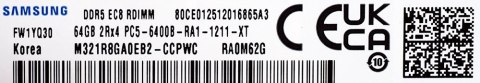 Samsung SemiConductor Samsung RDIMM DDR5 64GB 2Rx4 6400MHz PC5-51200 ECC REGISTERED M321R8GA0EB2-CCP Samsung SemiConductor Samsung RDIMM DDR5 64GB 2Rx4 6400MHz PC5-51200 ECC REGISTERED M321R8GA0EB2-CCP