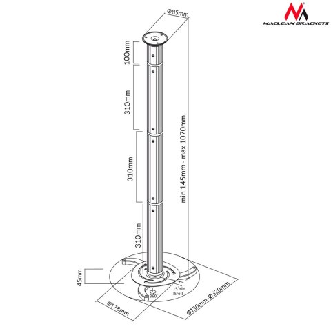 Maclean Uchwyt sufitowy do projektora Maclean MC-517 (80 mm - 980 mm; 10 kg; kolor srebrny) Maclean Uchwyt sufitowy do projektora Maclean MC-517 (80 mm - 980 mm; 10 kg; kolor srebrny)
