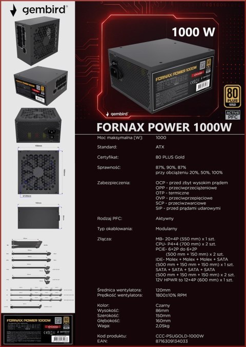 GEMBIRD GEMBIRD ZASILACZ KOMPUTEROWY FORNAX POWER 1000W 80+ GOLD ATX, 1000W, AKTYWNE PFC, 12CM WENTYLATOR GEMBIRD GEMBIRD ZASILACZ KOMPUTEROWY FORNAX POWER 1000W 80+ GOLD ATX, 1000W, AKTYWNE PFC, 12CM WENTYLATOR