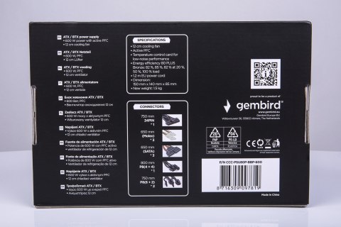 GEMBIRD GEMBIRD ZASILACZ KOMPUTEROWY PSU80P-BBP-600 80+BRONZE ATX, 600W, AKTYWNE PFC, 12CM WENTYLATOR GEMBIRD GEMBIRD ZASILACZ KOMPUTEROWY PSU80P-BBP-600 80+BRONZE ATX, 600W, AKTYWNE PFC, 12CM WENTYLATOR