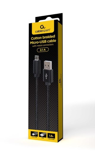 GEMBIRD GEMBIRD KABEL USB - MICRO USB W OPLOCIE TEKSTYLNYM, WTYKI W OSŁONIE METALOWEJ 1.8M, ŁADOWANIE/TRANSMISJA DANYCH, CZARNY