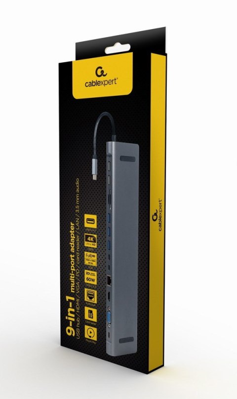 GEMBIRD GEMBIRD MULTI ADAPTER USB TYPE-C 9W1 (HUB USB + HDMI + VGA + PD + CZYTNIK KART + LAN + AUDIO 3,5 MM) KOLOR SZARY GEMBIRD GEMBIRD MULTI ADAPTER USB TYPE-C 9W1 (HUB USB + HDMI + VGA + PD + CZYTNIK KART + LAN + AUDIO 3,5 MM) KOLOR SZARY