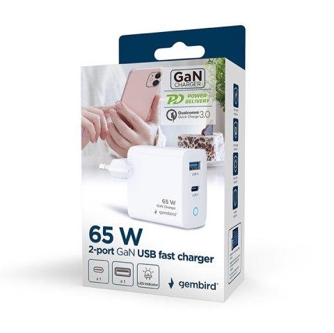 GEMBIRD GEMBIRD 2-PORTOWA SZYBKA ŁADOWARKA SIECIOWA GAN (PD) USB (A+C), 65W, BIAŁA