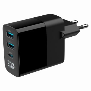 GEMBIRD GEMBIRD 3-PORTOWA SZYBKA ŁADOWARKA SIECIOWA GAN (PD) USB (2X USB-A + 1X USB TYP-C), 30W, LCD, CZARNA