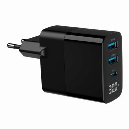 GEMBIRD GEMBIRD 3-PORTOWA SZYBKA ŁADOWARKA SIECIOWA GAN (PD) USB (2X USB-A + 1X USB TYP-C), 30W, LCD, CZARNA