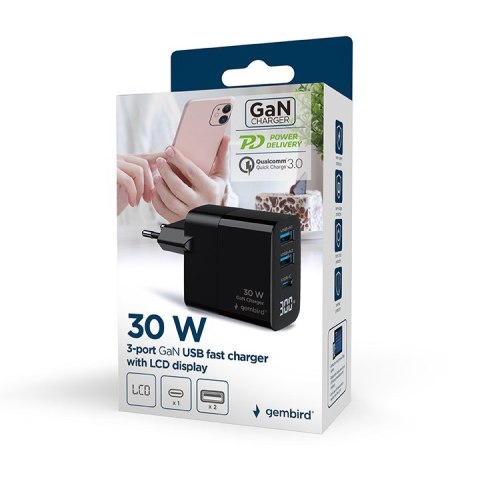 GEMBIRD GEMBIRD 3-PORTOWA SZYBKA ŁADOWARKA SIECIOWA GAN (PD) USB (2X USB-A + 1X USB TYP-C), 30W, LCD, CZARNA GEMBIRD GEMBIRD 3-PORTOWA SZYBKA ŁADOWARKA SIECIOWA GAN (PD) USB (2X USB-A + 1X USB TYP-C), 30W, LCD, CZARNA