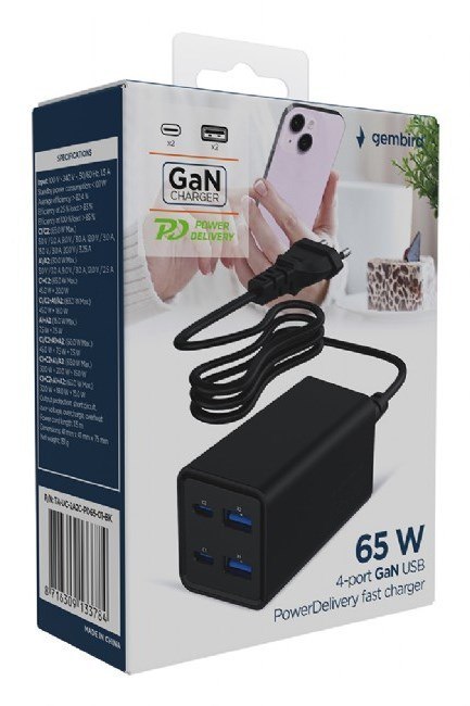 GEMBIRD GEMBIRD 4-PORTOWA SZYBKA ŁADOWARKA SIECIOWA GAN (PD) USB (2X USB-A + 2X USB-C), 65W, CZARNA GEMBIRD GEMBIRD 4-PORTOWA SZYBKA ŁADOWARKA SIECIOWA GAN (PD) USB (2X USB-A + 2X USB-C), 65W, CZARNA