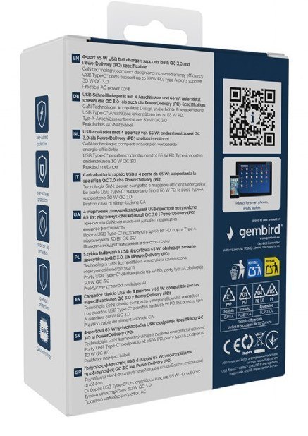 GEMBIRD GEMBIRD 4-PORTOWA SZYBKA ŁADOWARKA SIECIOWA GAN (PD) USB (2X USB-A + 2X USB-C), 65W, CZARNA GEMBIRD GEMBIRD 4-PORTOWA SZYBKA ŁADOWARKA SIECIOWA GAN (PD) USB (2X USB-A + 2X USB-C), 65W, CZARNA
