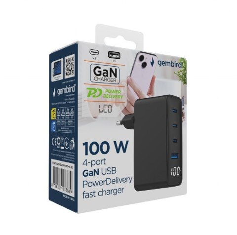 GEMBIRD GEMBIRD 4-PORTOWA SZYBKA ŁADOWARKA SIECIOWA GAN (PD) USB (3X USB-A + 1X USB TYP-C) 100W, CZARNA GEMBIRD GEMBIRD 4-PORTOWA SZYBKA ŁADOWARKA SIECIOWA GAN (PD) USB (3X USB-A + 1X USB TYP-C) 100W, CZARNA