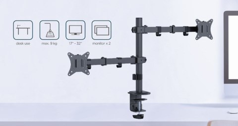 GEMBIRD GEMBIRD BIURKOWE REGULOWANE RAMIĘ/UCHWYT NA 2 MONITORY 17-32, VESA 100X100MM, DO 9 KG GEMBIRD GEMBIRD BIURKOWE REGULOWANE RAMIĘ/UCHWYT NA 2 MONITORY 17-32, VESA 100X100MM, DO 9 KG