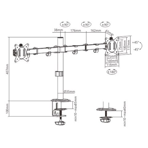 GEMBIRD GEMBIRD BIURKOWE REGULOWANE RAMIĘ/UCHWYT NA 2 MONITORY 17-32, 100X100MM, DO 9KG GEMBIRD GEMBIRD BIURKOWE REGULOWANE RAMIĘ/UCHWYT NA 2 MONITORY 17-32, 100X100MM, DO 9KG