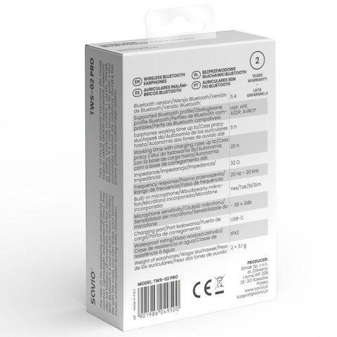 SAVIO SAVIO SŁUCHAWKI BEZPRZEWODOWE BLUETOOTH TWS-02 PRO SAVIO SAVIO SŁUCHAWKI BEZPRZEWODOWE BLUETOOTH TWS-02 PRO