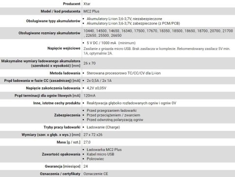 XTAR XTAR ŁADOWARKA DO AKUMULATORÓW CYLINDRYCZNYCH LI-ION MC2+ XTAR XTAR ŁADOWARKA DO AKUMULATORÓW CYLINDRYCZNYCH LI-ION MC2+