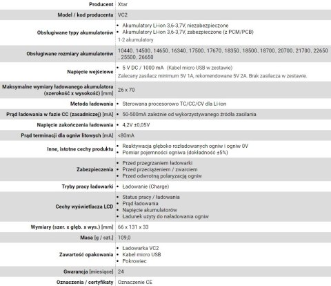 XTAR XTAR ŁADOWARKA DO AKUMULATORÓW CYLINDRYCZNYCH LI-ION VC2 XTAR XTAR ŁADOWARKA DO AKUMULATORÓW CYLINDRYCZNYCH LI-ION VC2