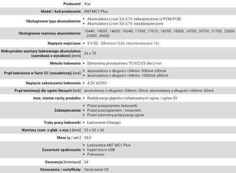 XTAR XTAR SZYBKA ŁADOWARKA DO AKUMULATORÓW CYLINDRYCZNYCH LI-ION ANT MC1+ XTAR XTAR SZYBKA ŁADOWARKA DO AKUMULATORÓW CYLINDRYCZNYCH LI-ION ANT MC1+