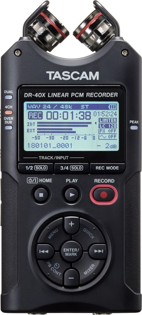 TASCAM Tascam DR-40X - Przenośny rejestrator cyfrowy z interfejsem USB, zapisujący 2 x stereo, 2 GB karta SD TASCAM Tascam DR-40X - Przenośny rejestrator cyfrowy z interfejsem USB, zapisujący 2 x stereo, 2 GB karta SD