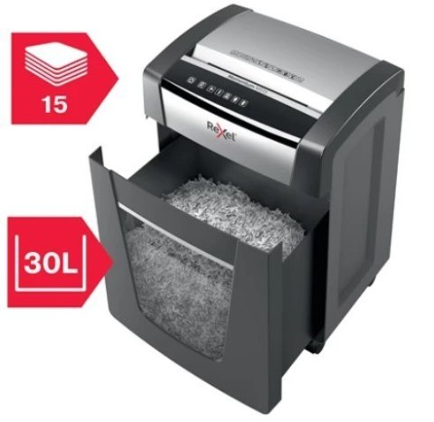 REXEL Rexel Niszczarka Momentum M515, P-5, 30L, 15 kartek, tnie na ścinki 2 x 15 mm, czarna REXEL Rexel Niszczarka Momentum M515, P-5, 30L, 15 kartek, tnie na ścinki 2 x 15 mm, czarna