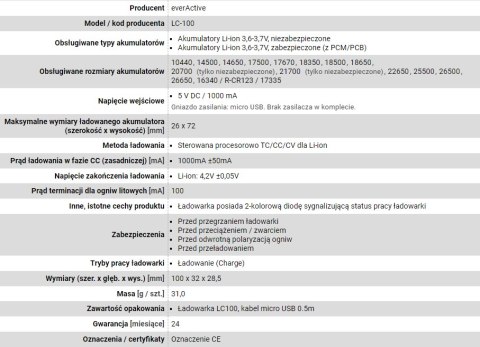 EverActive EVERACTIVE ŁADOWARKA DO AKUMULATORÓW CYLINDRYCZNYCH LI-ION LC100 EverActive EVERACTIVE ŁADOWARKA DO AKUMULATORÓW CYLINDRYCZNYCH LI-ION LC100