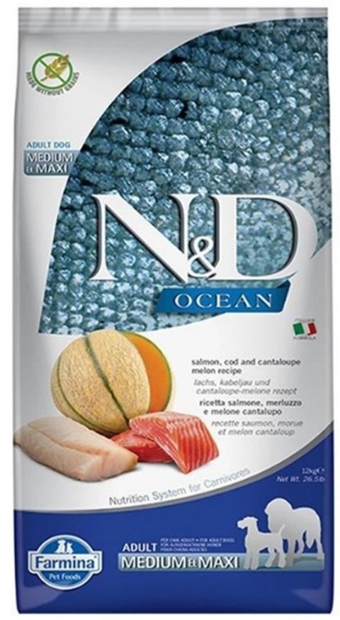 Farmina FARMINA N&D Ocean Dog Salmon, Cod, Cantaloupe, Melon Adult Medium&Maxi- sucha karma dla psa - 12 kg Farmina FARMINA N&D Ocean Dog Salmon, Cod, Cantaloupe, Melon Adult Medium&Maxi- sucha karma dla psa - 12 kg