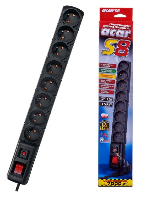 Acar Listwa zasilająca Acar S8 (1,5m ; czarny) Acar Listwa zasilająca Acar S8 (1,5m ; czarny)