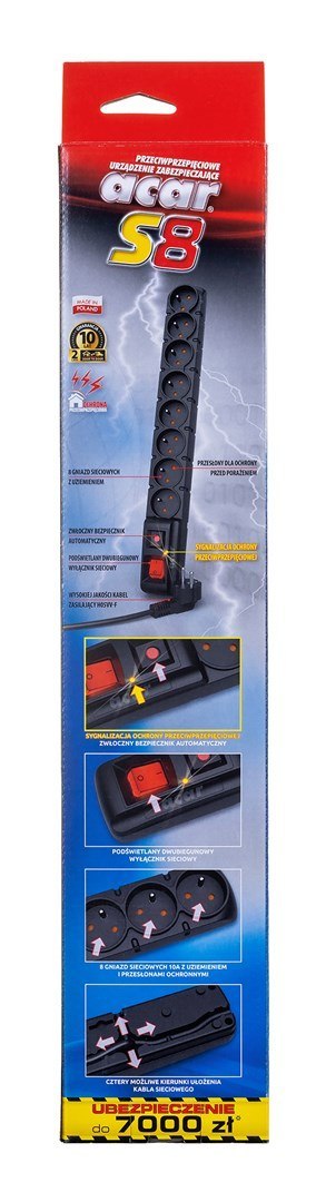 Acar Listwa zasilająca Acar S8 (1,5m ; czarny) Acar Listwa zasilająca Acar S8 (1,5m ; czarny)