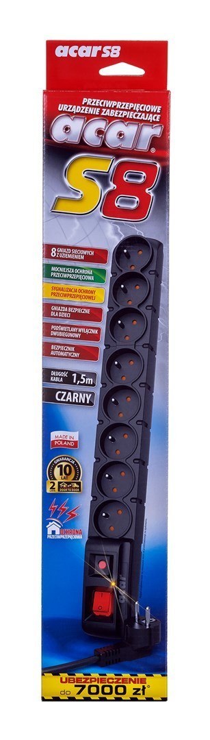 Acar Listwa zasilająca Acar S8 (1,5m ; czarny) Acar Listwa zasilająca Acar S8 (1,5m ; czarny)