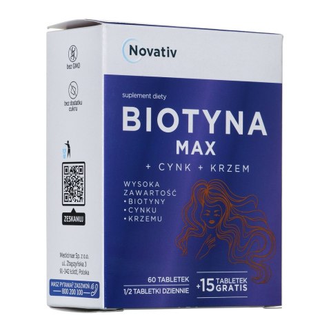 MEDICINAE Novativ Biotyna MAX+Cynk+Krzem 60 tabletek + 15 tabletek gratis MEDICINAE Novativ Biotyna MAX+Cynk+Krzem 60 tabletek + 15 tabletek gratis