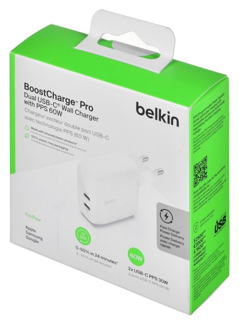 Belkin Ładowarka Belkin BoostCharge Pro Dual USB-C PD 3.1 PPS Wall Charger 60W White