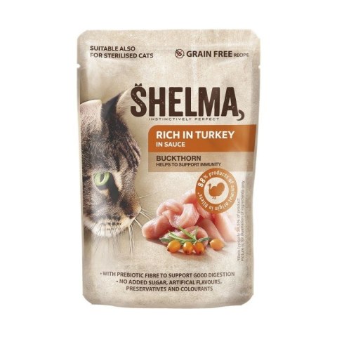 SHELMA SHELMA saszetka - pełnoporcjowa bezzbożowa karma dla dorosłych kotów. Bogata w indyka, z rokitnikiem w sosie 85g SHELMA SHELMA saszetka - pełnoporcjowa bezzbożowa karma dla dorosłych kotów. Bogata w indyka, z rokitnikiem w sosie 85g