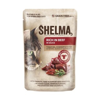 SHELMA SHELMA saszetka - pełnoporcjowa bezzbożowa karma dla dorosłych kotów. Bogata w wołowinę, z pomidorami i ziołami w sosie 85 g